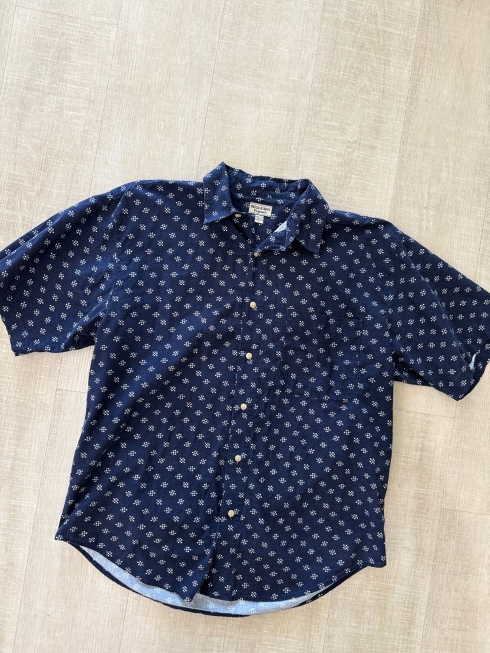 Bugle Boy Navy Short-Sleeve Button-Down with White Micro-Pattern Large